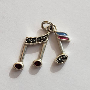 Sterling Silver Music Notes Marcasite Enamel Charm 2 Charms Double SJ